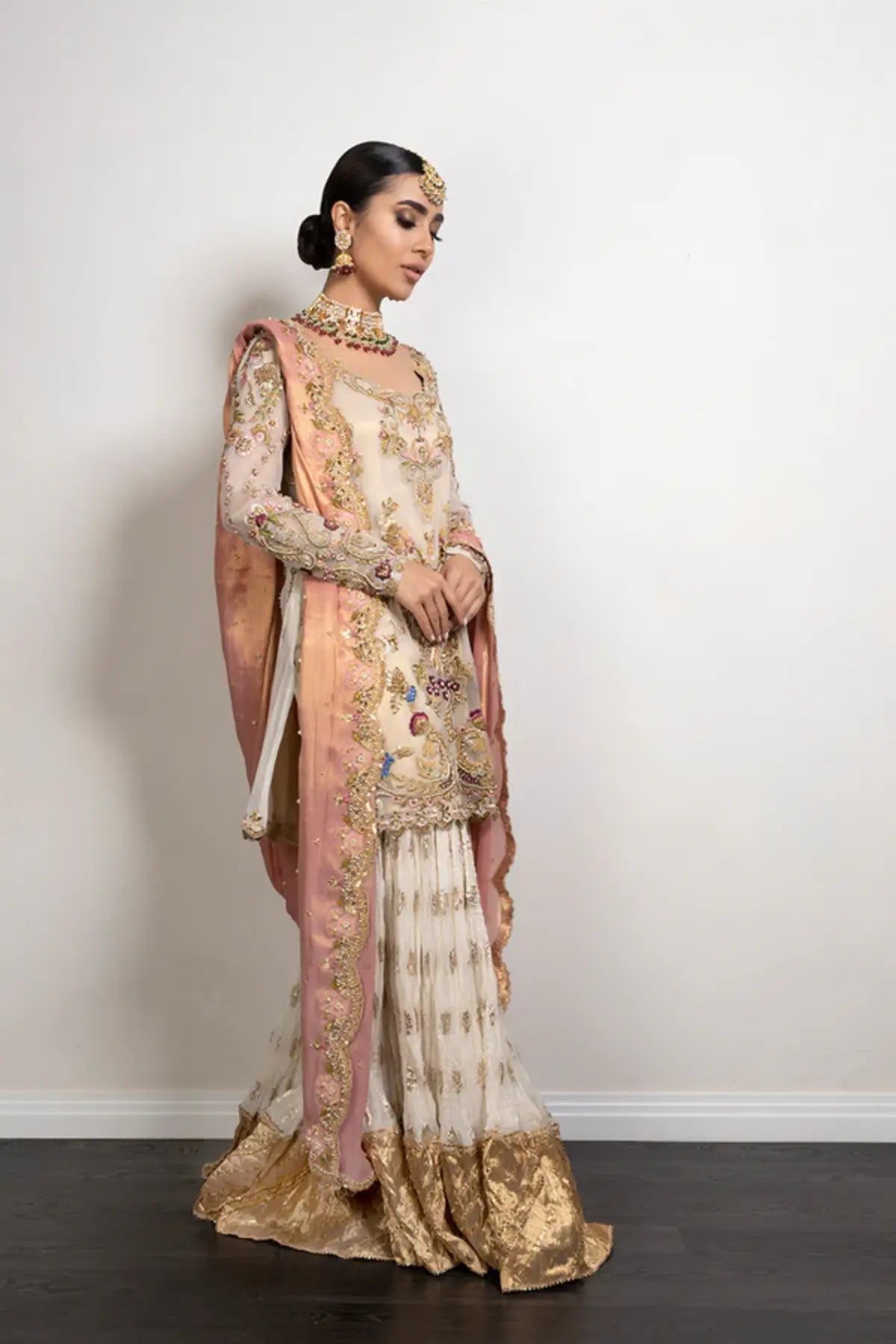 Alaia Ivory Zardozi Hand Embellished Net Nikkah Kurti with Cotton Brocade Dhaka Pajama and Blush Pink Lame Tissue Dupatta
