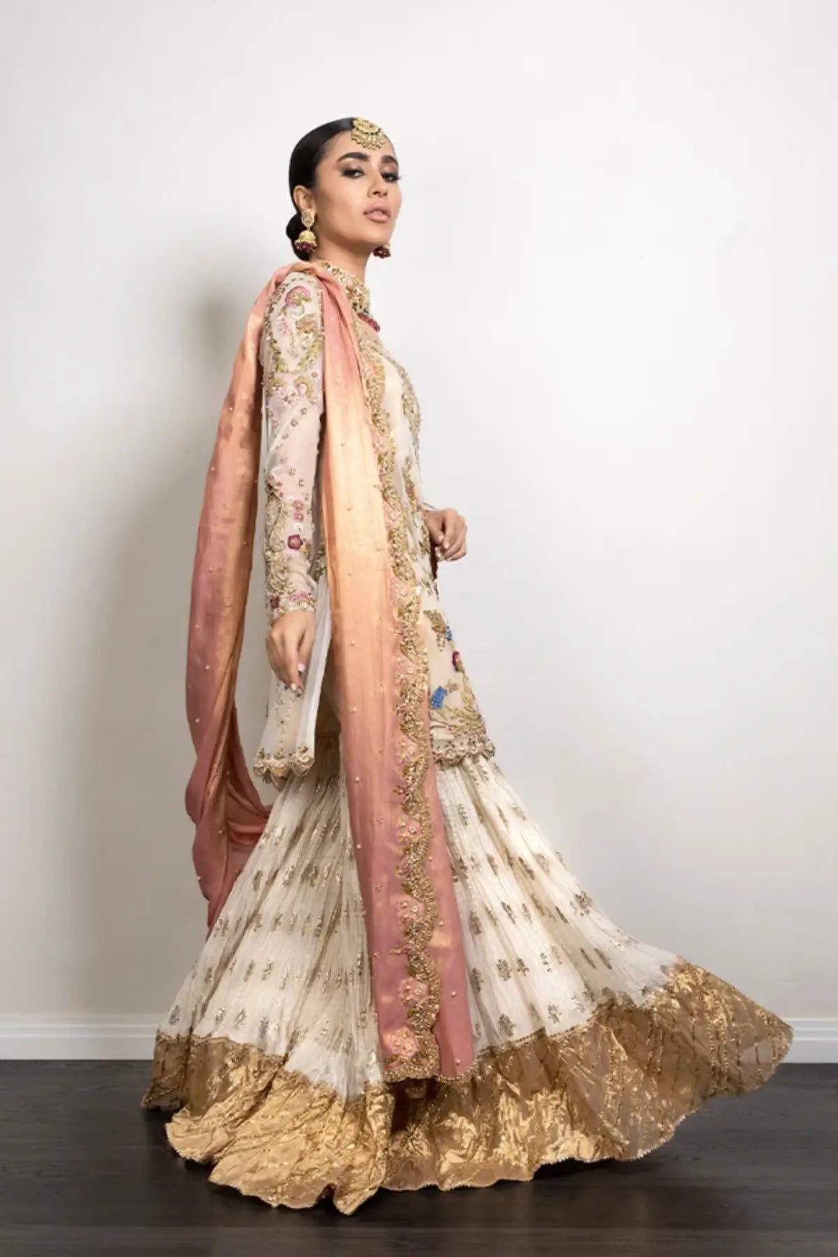 Alaia Ivory Zardozi Hand Embellished Net Nikkah Kurti with Cotton Brocade Dhaka Pajama and Blush Pink Lame Tissue Dupatta