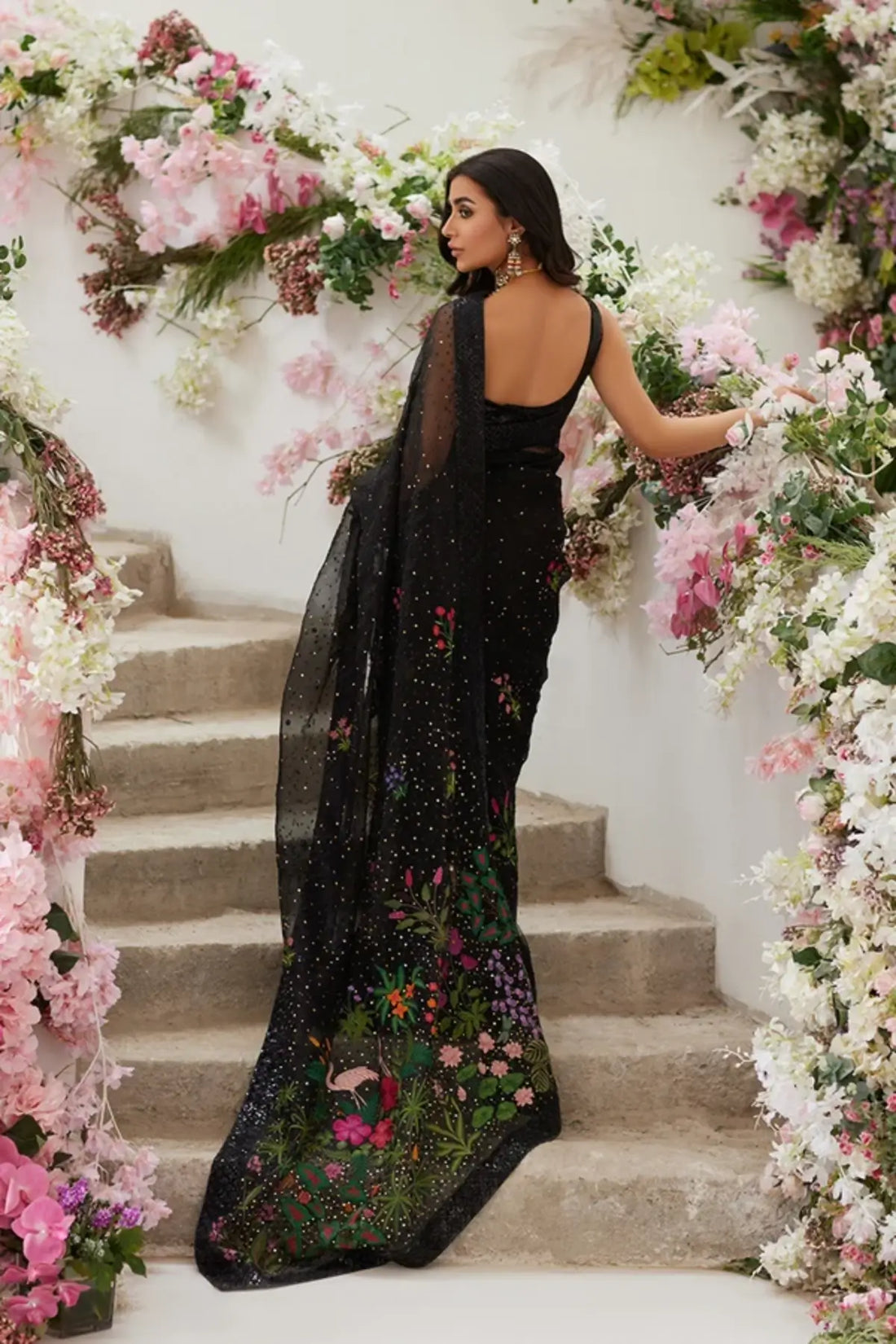Alayha Black Floral Embroidered Net Stitched Pakistani Formal Saree with Multicolor Botanical Embroidery and Shimmering Embellishments