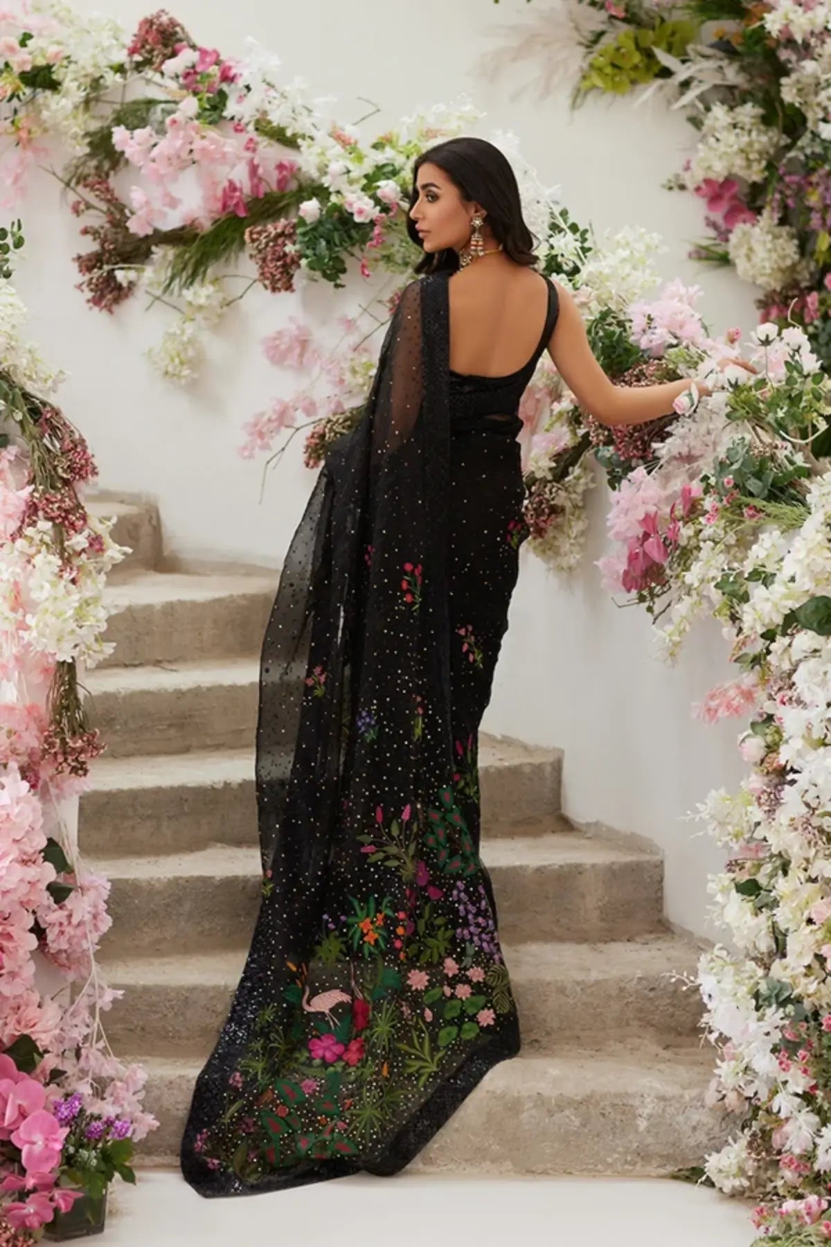 Alayha Black Floral Embroidered Net Stitched Pakistani Formal Saree with Multicolor Botanical Embroidery and Shimmering Embellishments