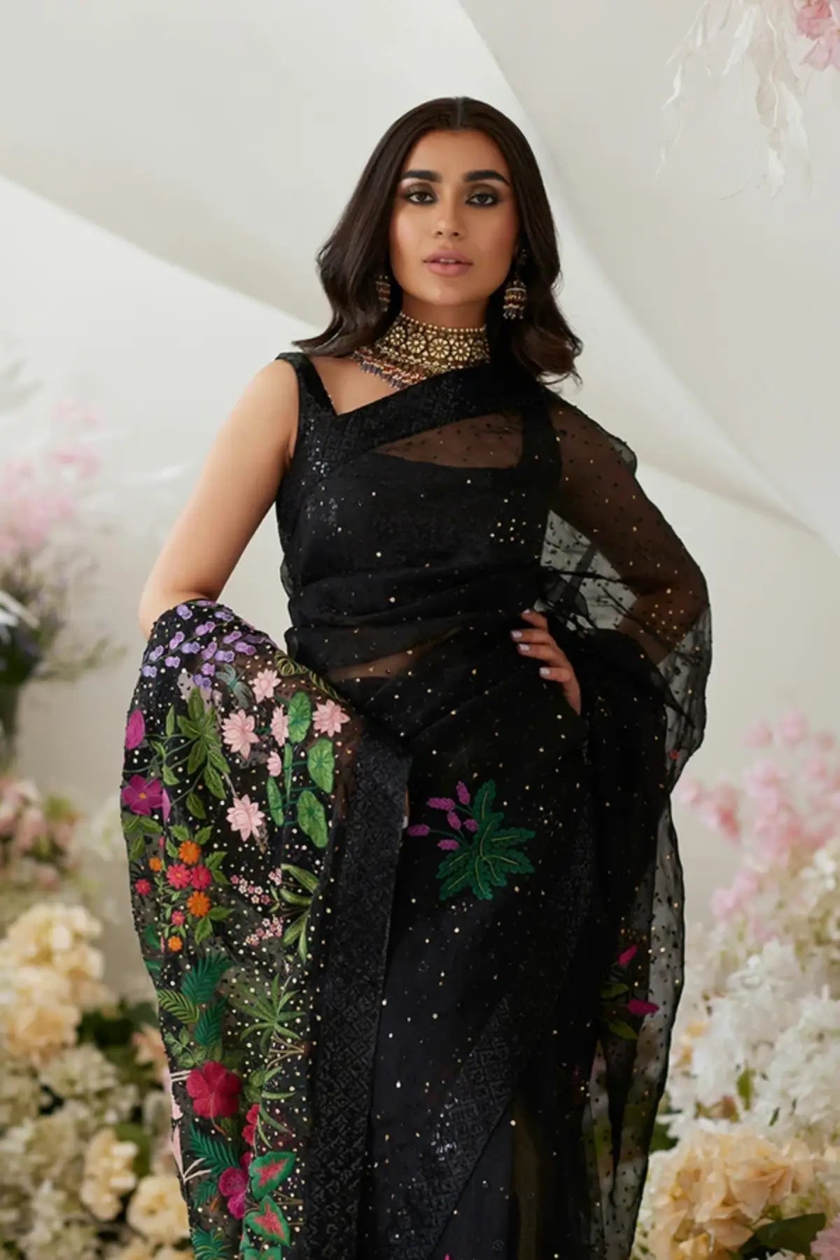 Alayha Black Floral Embroidered Net Stitched Pakistani Formal Saree with Multicolor Botanical Embroidery and Shimmering Embellishments
