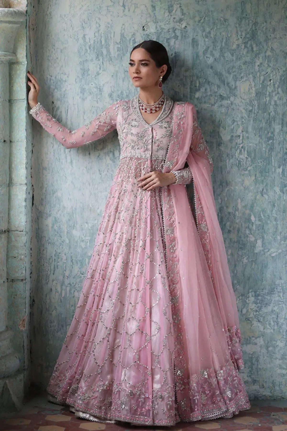 Alayha Blush Pink Embellished Net Walima Stitched Pishwas with Hand-Beaded Pearl Work, Tissue Pants and Embellished Organza Dupatta