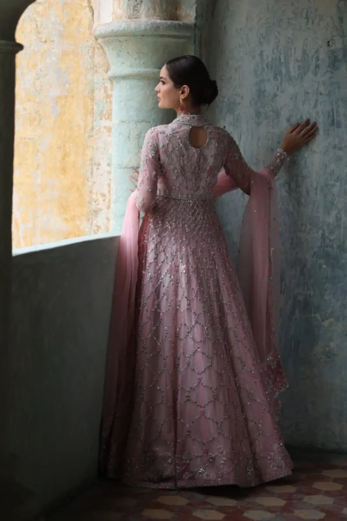 Alayha Blush Pink Embellished Net Walima Stitched Pishwas with Hand-Beaded Pearl Work, Tissue Pants and Embellished Organza Dupatta
