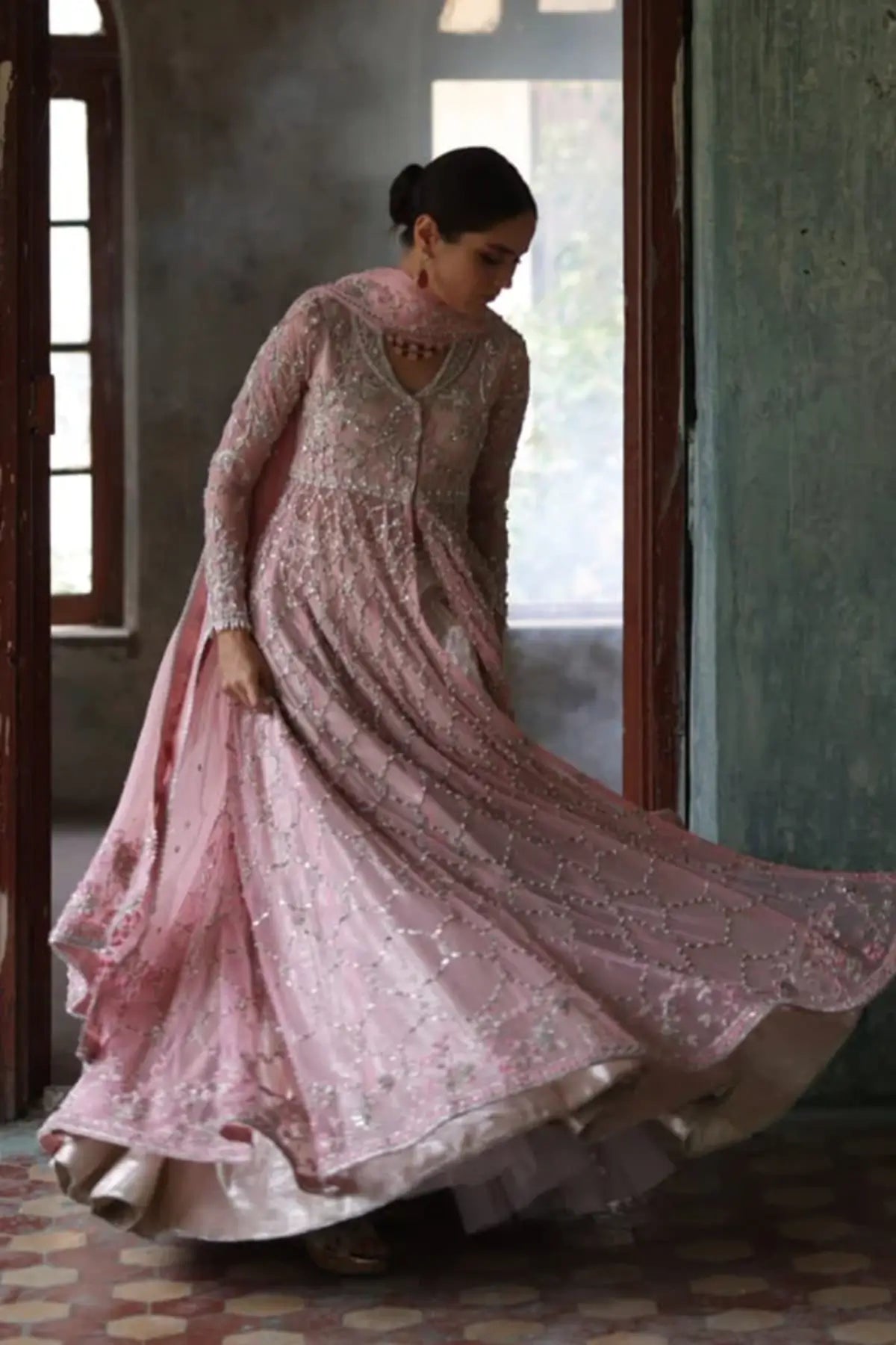 Alayha Blush Pink Embellished Net Walima Stitched Pishwas with Hand-Beaded Pearl Work, Tissue Pants and Embellished Organza Dupatta