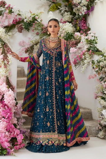 Alayna Teal Handmade Net Angrakha with Pink and Gold Floral Embellishments, Cotton Brocade Lehenga and Chatta Patti Chiffon Dupatta