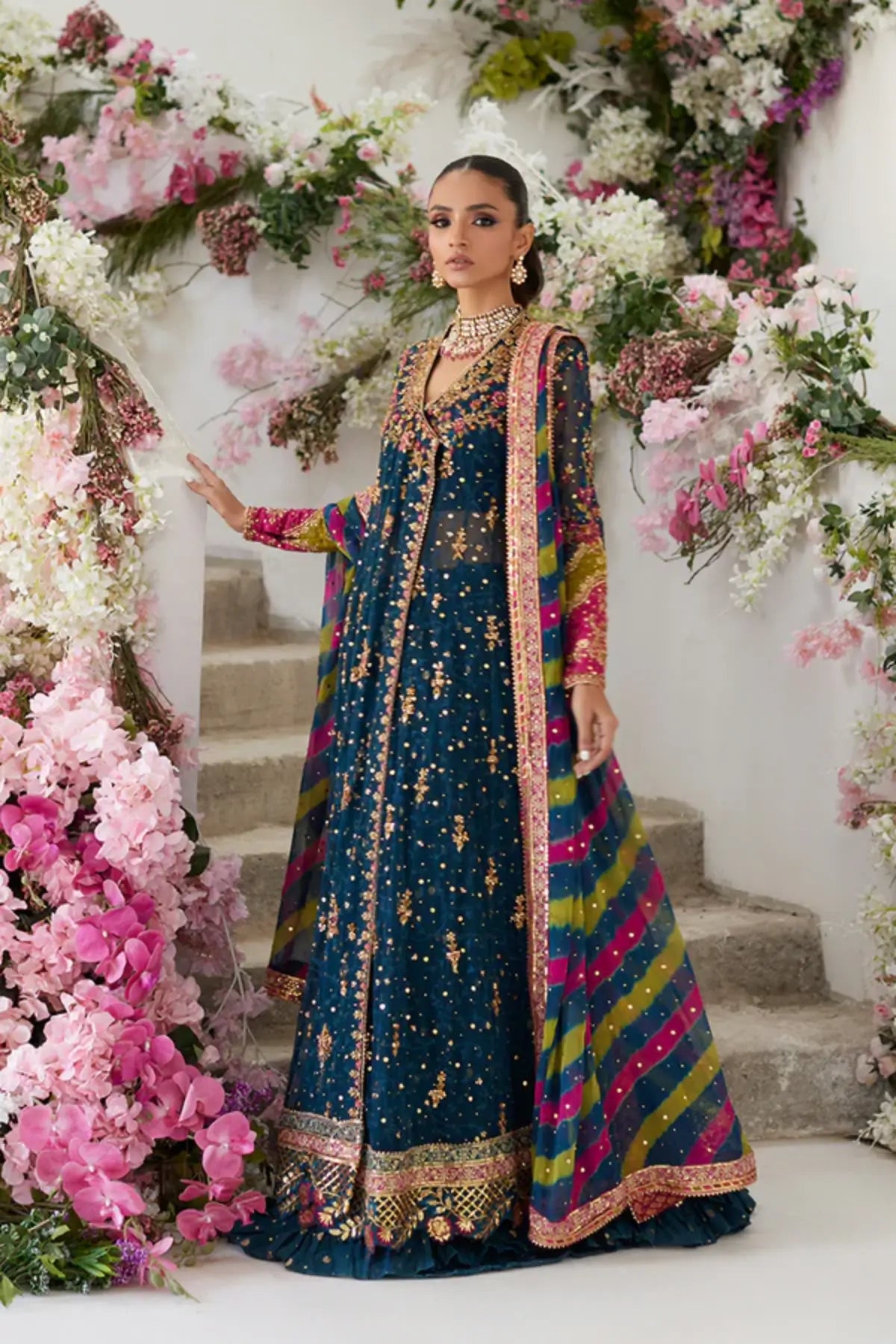 Alayna Teal Handmade Net Angrakha with Pink and Gold Floral Embellishments, Cotton Brocade Lehenga and Chatta Patti Chiffon Dupatta