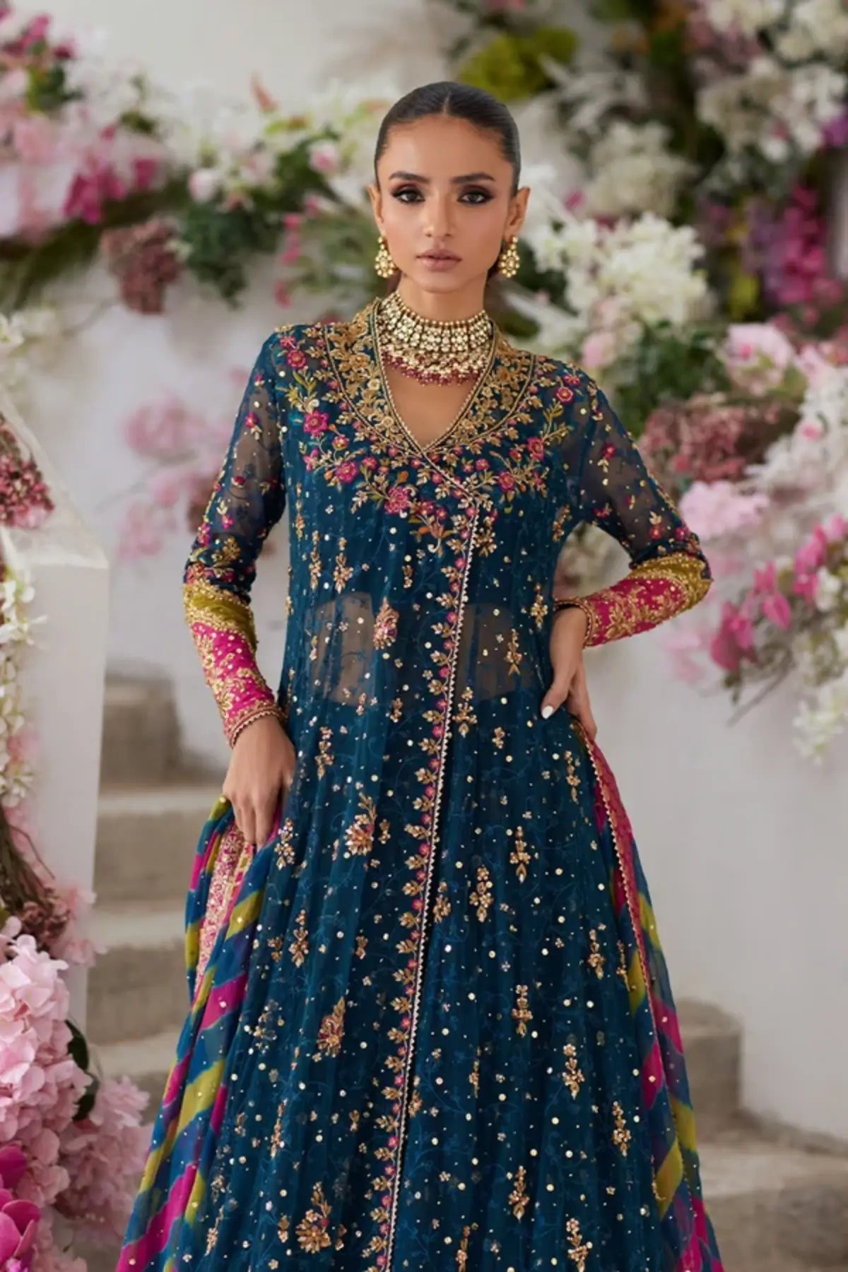 Alayna Teal Handmade Net Angrakha with Pink and Gold Floral Embellishments, Cotton Brocade Lehenga and Chatta Patti Chiffon Dupatta