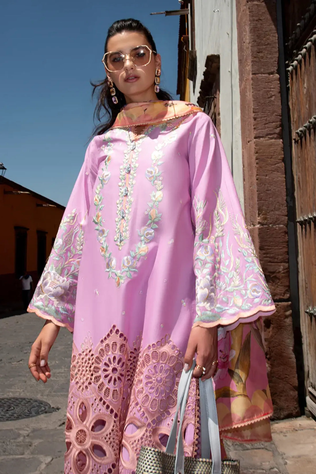 Alba lavender pink stitched lawn 3PC suit by Mushq with silk dupatta and embroidery