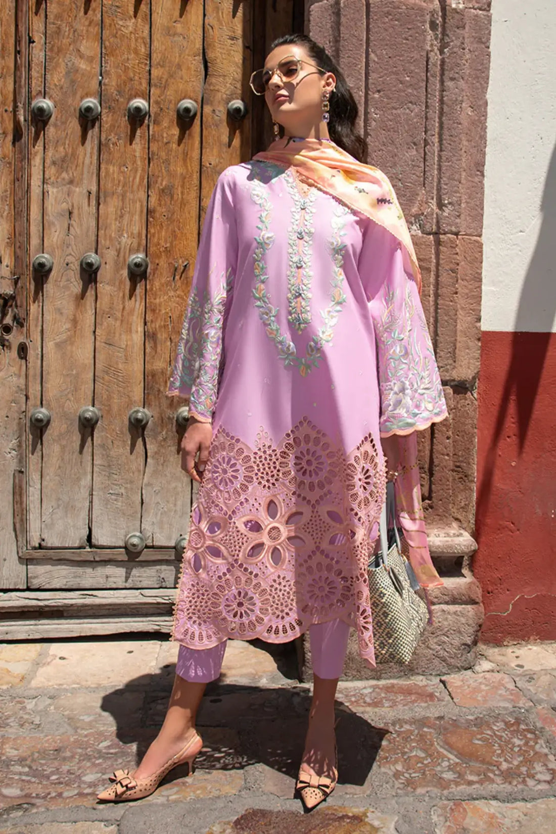 Alba lavender pink stitched lawn 3PC suit by Mushq with silk dupatta and embroidery