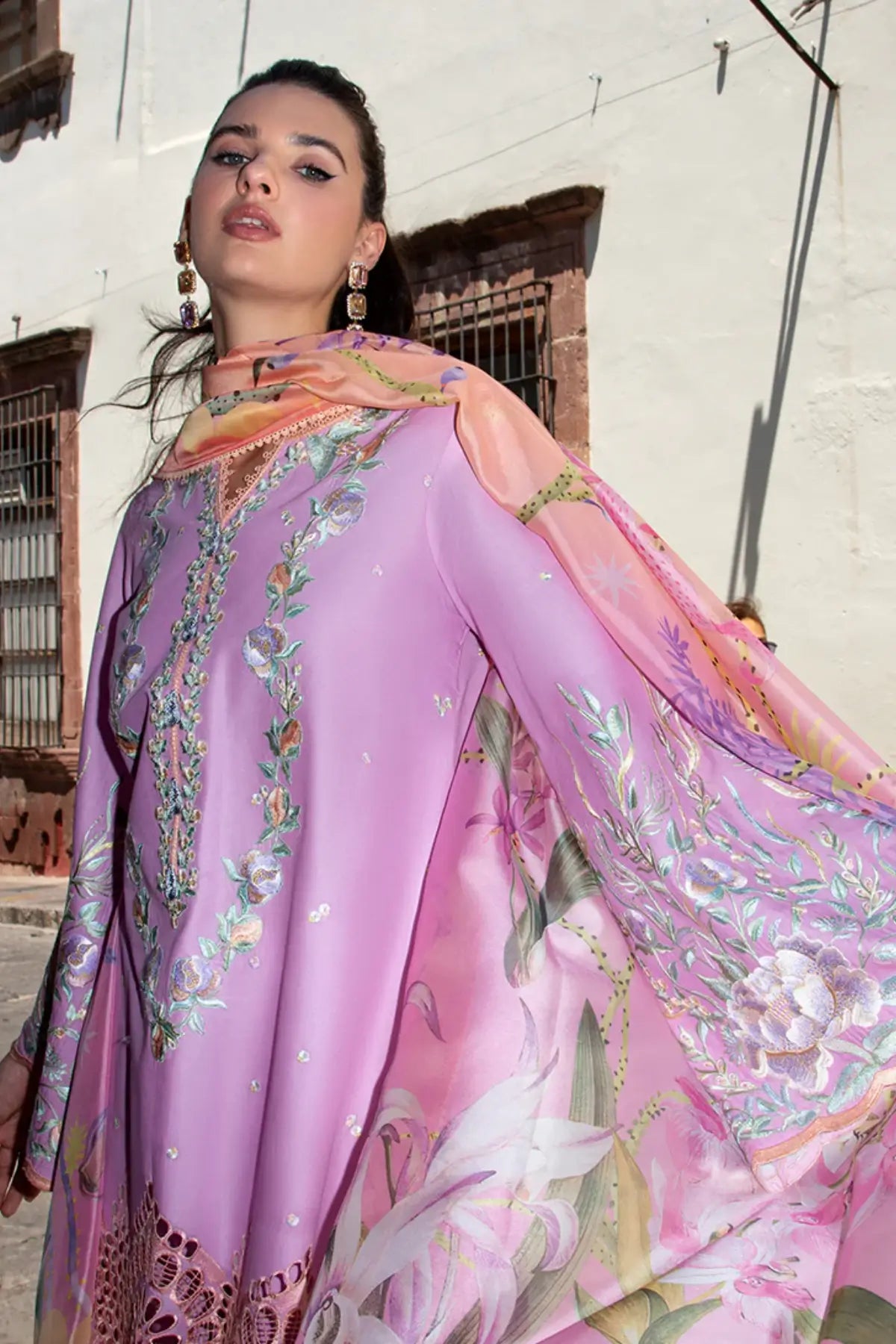 Alba lavender pink stitched lawn 3PC suit by Mushq with silk dupatta and embroidery