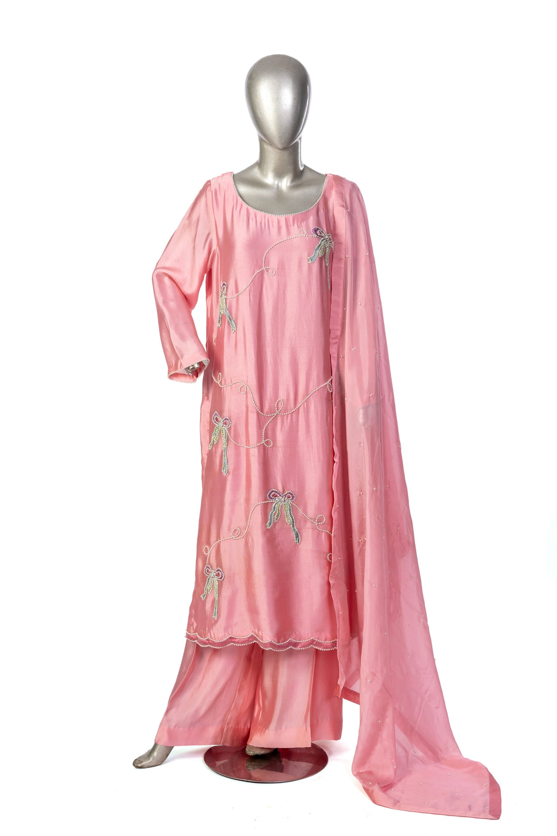 Aleiza Pink Sheesha Silk Embroidered Suit with applique work, culottes & medium silk dupatta by MariamRaj at Pakistanimoda.