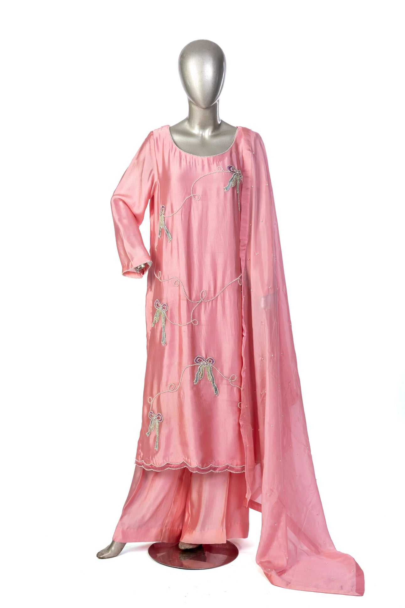 Aleiza Pink Sheesha Silk Embroidered Suit with applique work, culottes & medium silk dupatta by MariamRaj at Pakistanimoda.