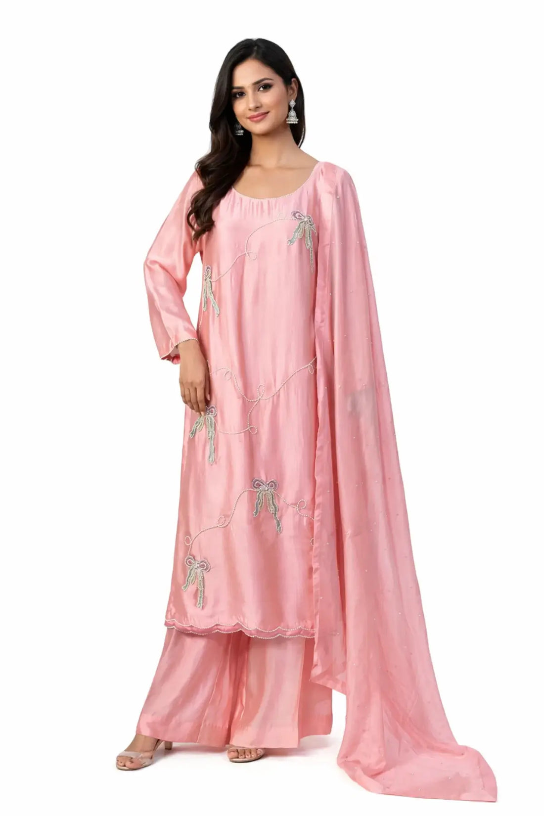 Aleiza Pink Sheesha Silk Embroidered Suit with applique work, culottes & medium silk dupatta by MariamRaj at Pakistanimoda.