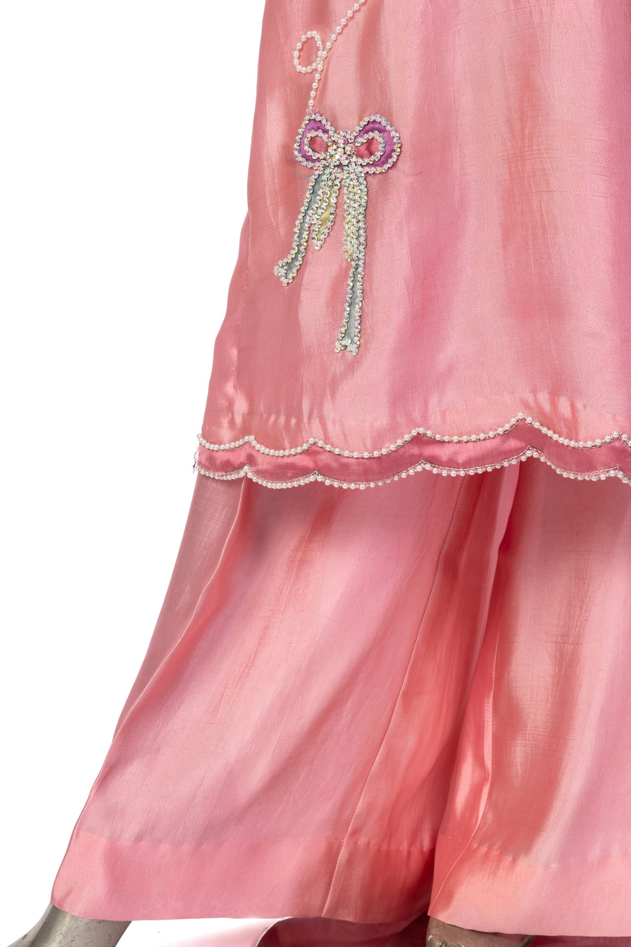 Aleiza Pink Sheesha Silk Embroidered Suit with applique work, culottes & medium silk dupatta by MariamRaj at Pakistanimoda.