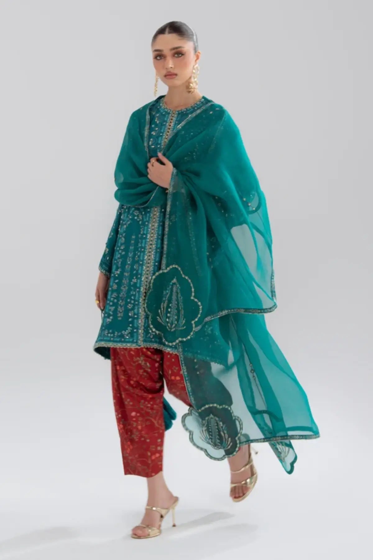 Alina Soraya Silk Edit '26 teal raw silk embroidered stitched 3PC suit with printed trousers and organza dupatta