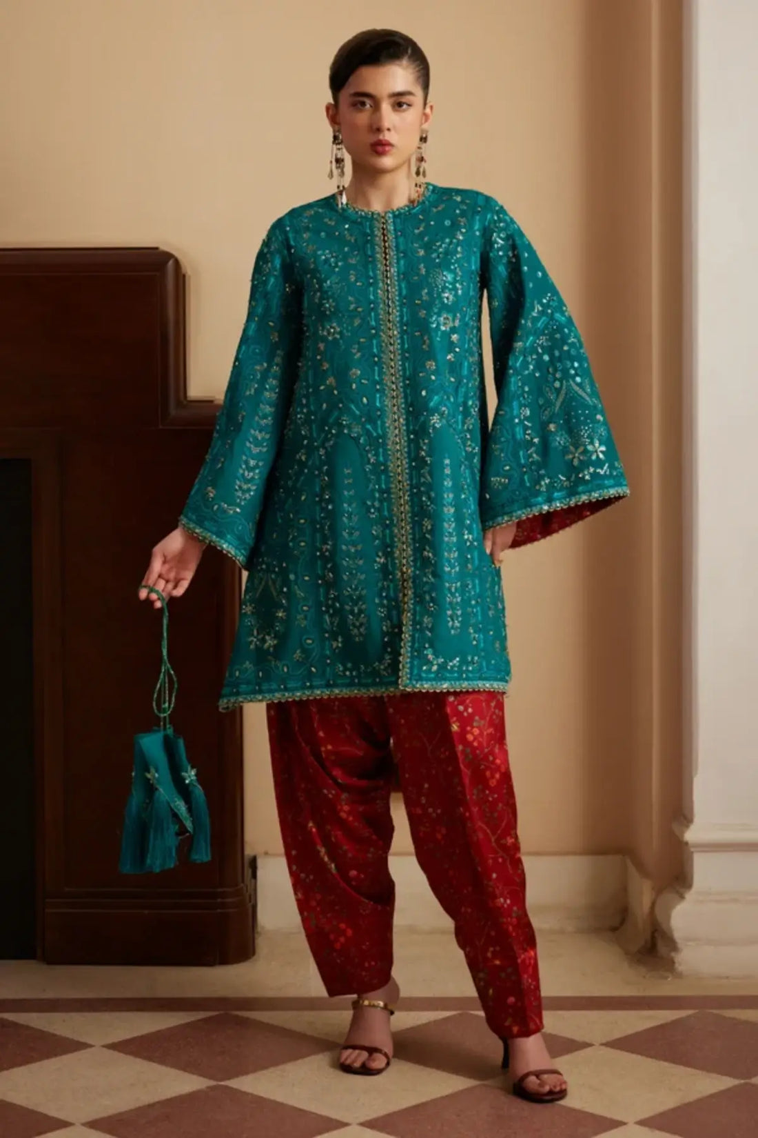 Alina Soraya Silk Edit '26 teal raw silk embroidered stitched 3PC suit with printed trousers and organza dupatta