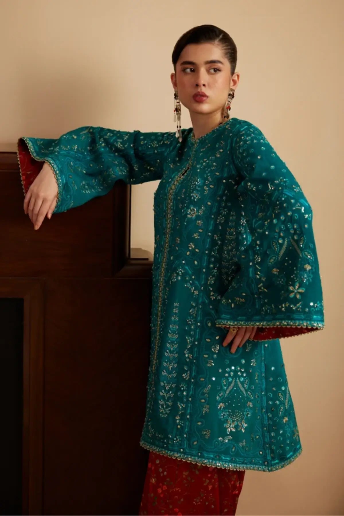 Alina Soraya Silk Edit '26 teal raw silk embroidered stitched 3PC suit with printed trousers and organza dupatta