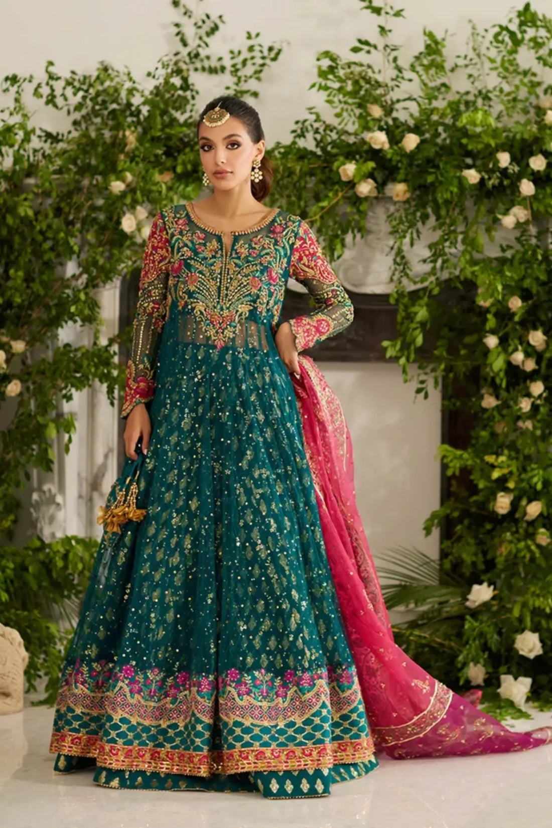 Alina Teal Hand Embellished Net Pishwas with Gold and Pink Detailing, Cotton Brocade Lehenga, Pink Organza Dupatta and Matching Pouch