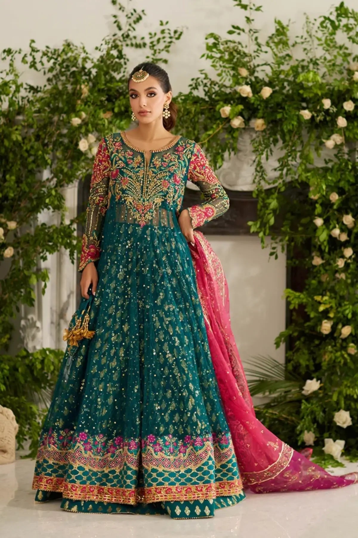 Alina Teal Hand Embellished Net Pishwas with Gold and Pink Detailing, Cotton Brocade Lehenga, Pink Organza Dupatta and Matching Pouch