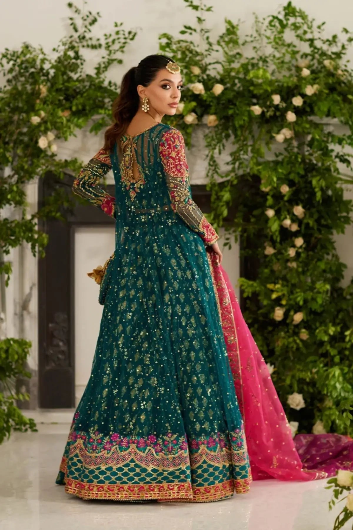 Alina Teal Hand Embellished Net Pishwas with Gold and Pink Detailing, Cotton Brocade Lehenga, Pink Organza Dupatta and Matching Pouch
