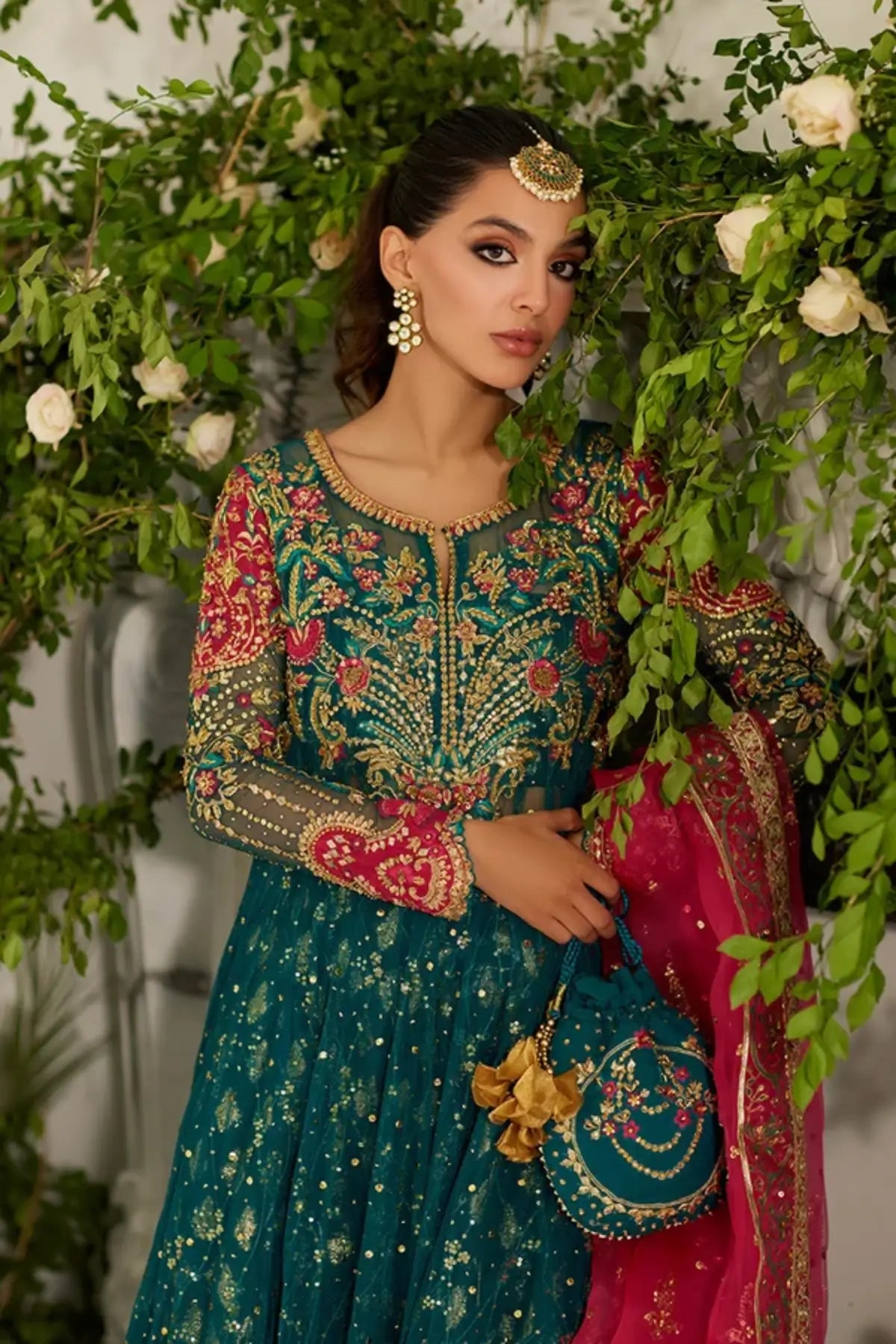 Alina Teal Hand Embellished Net Pishwas with Gold and Pink Detailing, Cotton Brocade Lehenga, Pink Organza Dupatta and Matching Pouch