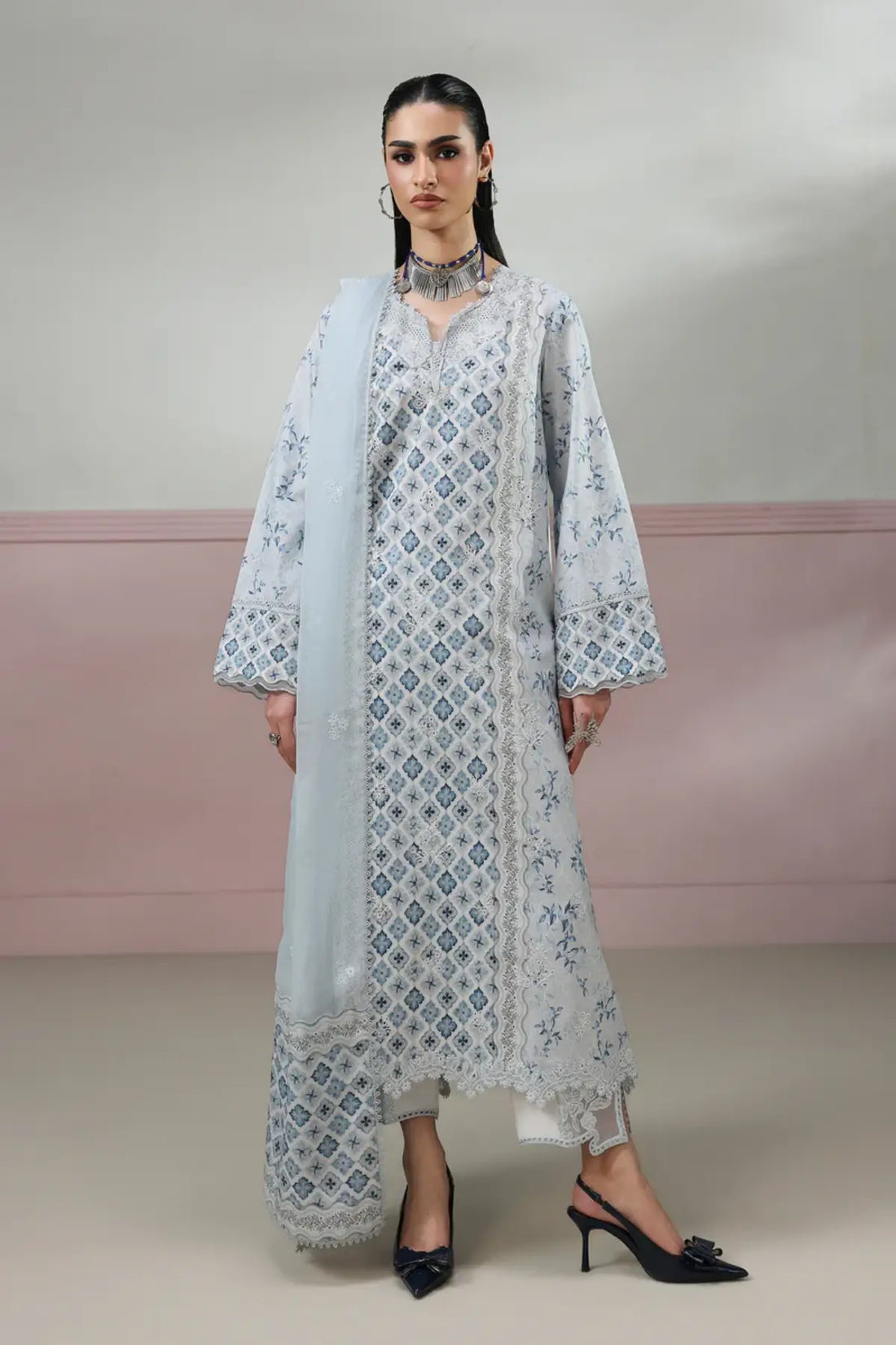 Aline QQP-10(B) by Qalamkar ice blue printed lawn stitched 3PC suit with chikankari embroidery, embroidered chiffon dupatta, and embroidered trouser motifs.