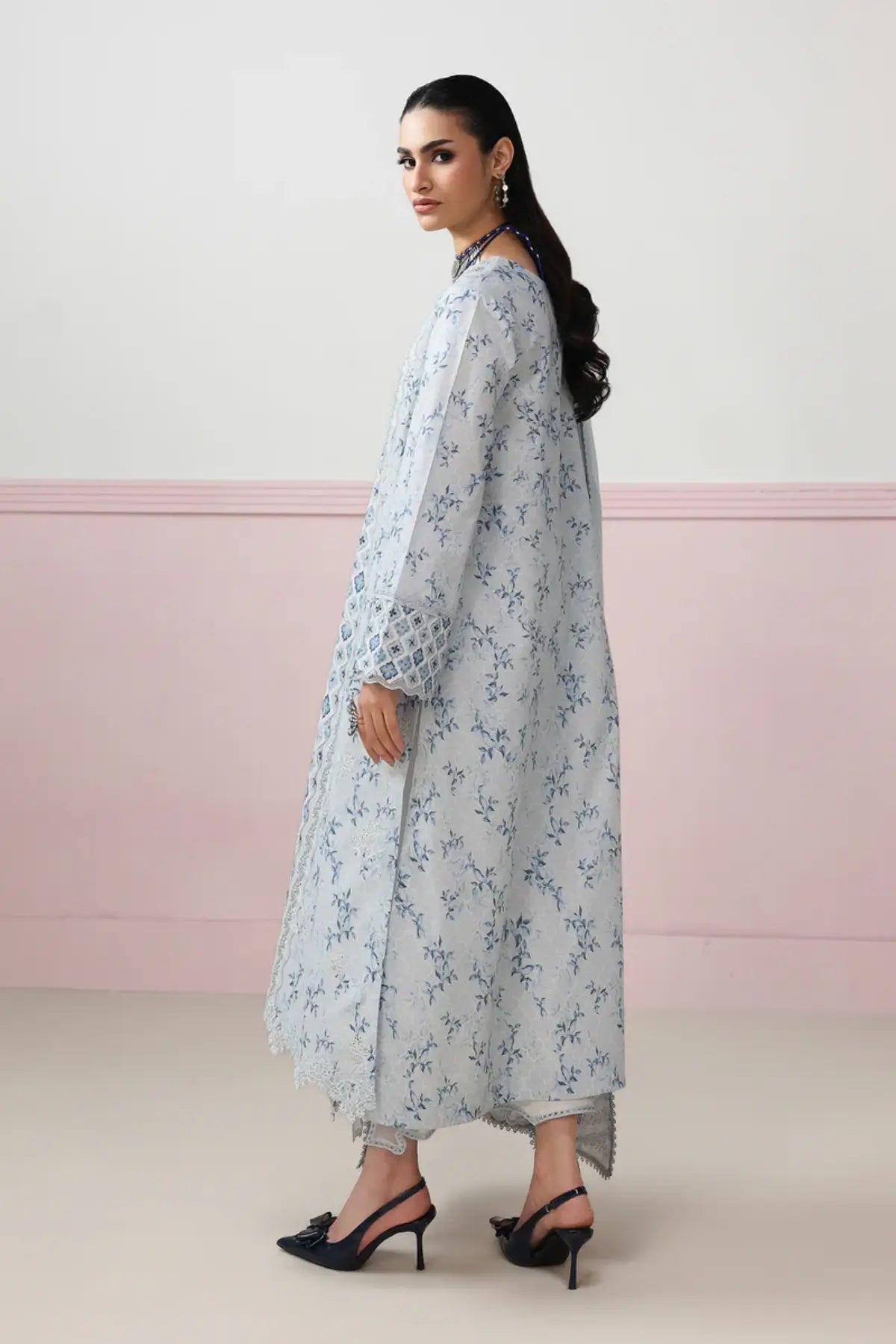 Aline QQP-10(B) by Qalamkar ice blue printed lawn stitched 3PC suit with chikankari embroidery, embroidered chiffon dupatta, and embroidered trouser motifs.