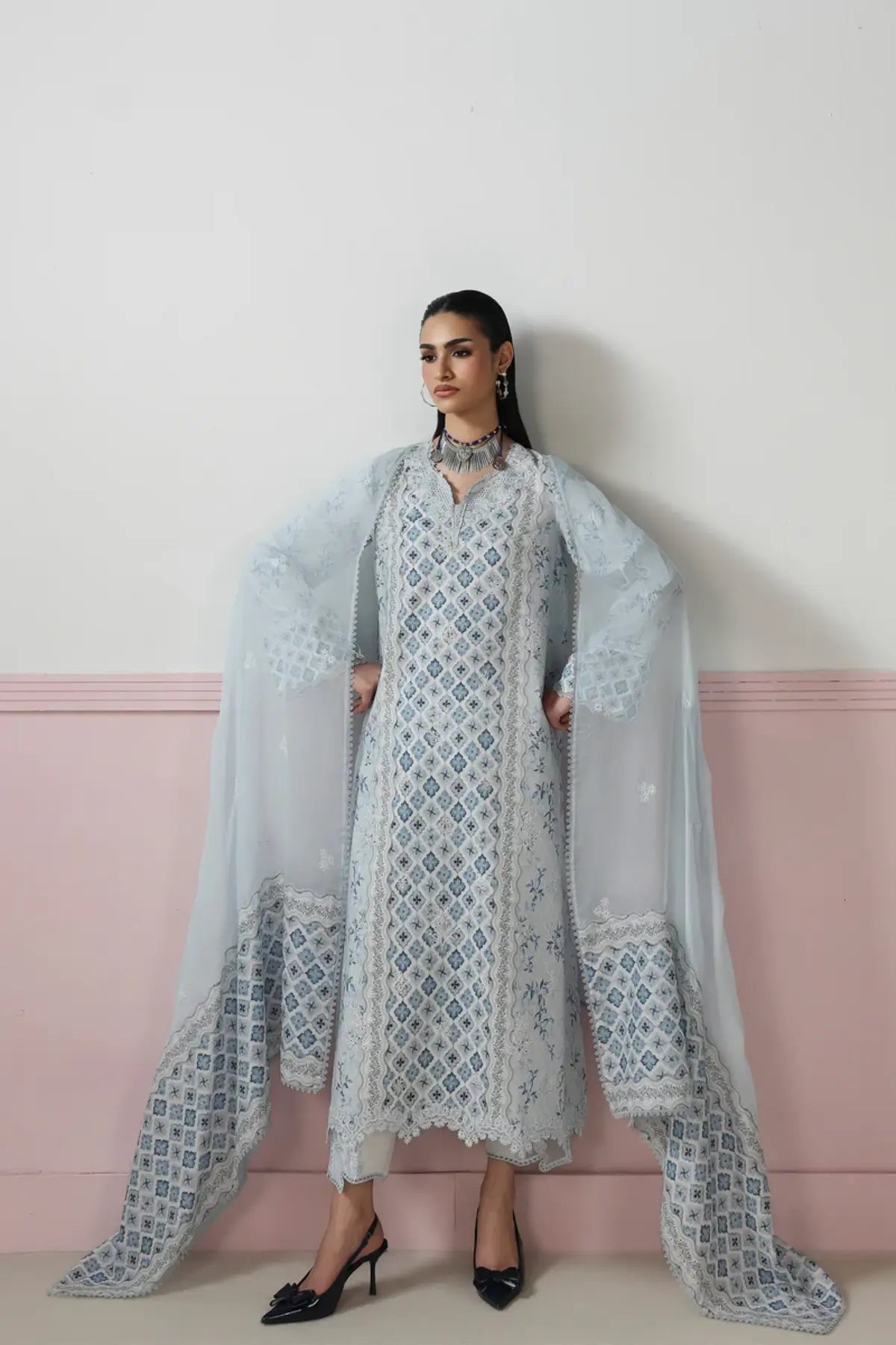 Aline QQP-10(B) by Qalamkar ice blue printed lawn stitched 3PC suit with chikankari embroidery, embroidered chiffon dupatta, and embroidered trouser motifs.