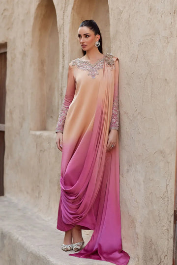 Alira by Kanwal Malik Ghina luxury pret ombre saree look formal outfit with attached dupatta Pakistanimoda