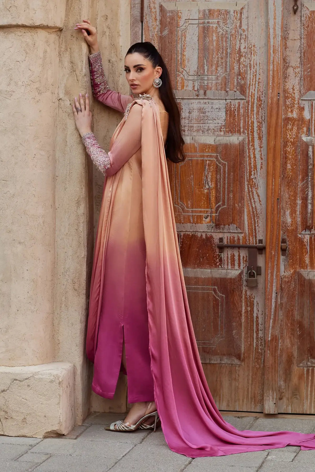 Alira by Kanwal Malik Ghina luxury pret ombre saree look formal outfit with attached dupatta Pakistanimoda