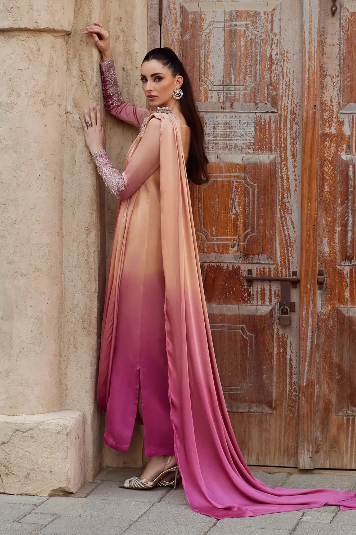 Alira by Kanwal Malik Ghina luxury pret ombre saree look formal outfit with attached dupatta Pakistanimoda