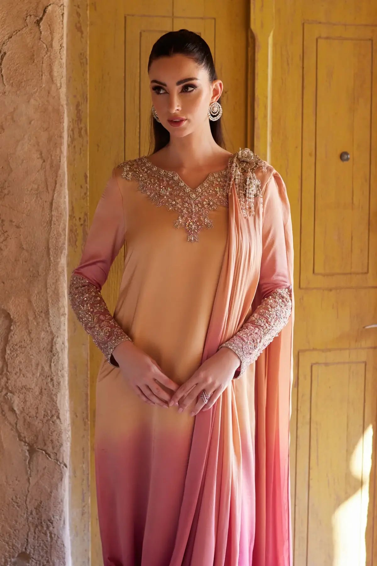 Alira by Kanwal Malik Ghina luxury pret ombre saree look formal outfit with attached dupatta Pakistanimoda