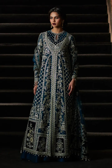 Alira deep teal front open gown formal suit by Saad Bin Shahzad with sharara and net dupatta featuring velvet borders