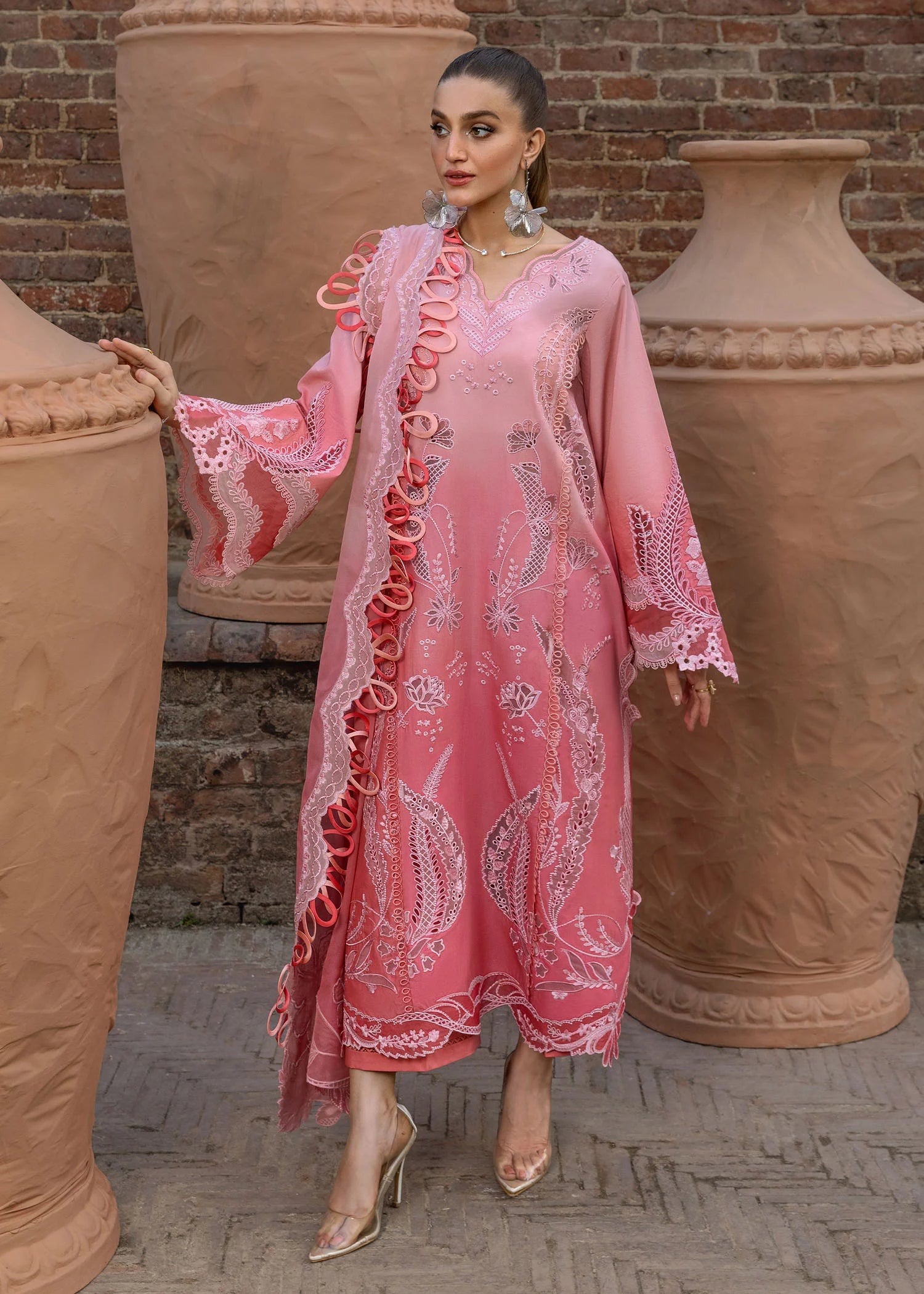 All Things Ombre-D1 B-Blush ombré georgette chiffon suit with laser appliqué by Crimson
