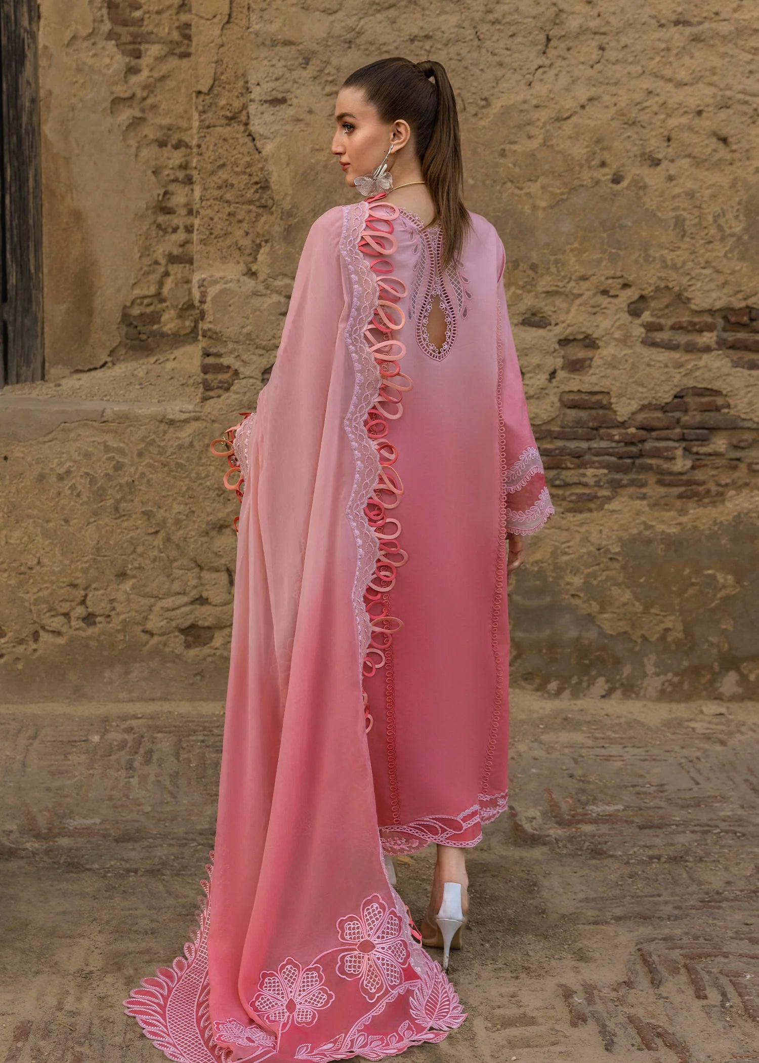 All Things Ombre-D1 B-Blush ombré georgette chiffon suit with laser appliqué by Crimson