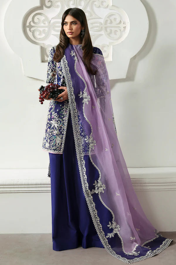 Althea Soraya Lumene Festive Purple Stitched Silk Outfit with embroidered panels and organza dupatta, available at Pakistanimoda.