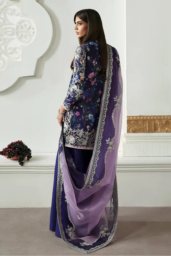 Althea Soraya Lumene Festive Purple Stitched Silk Outfit with embroidered panels and organza dupatta, available at Pakistanimoda.