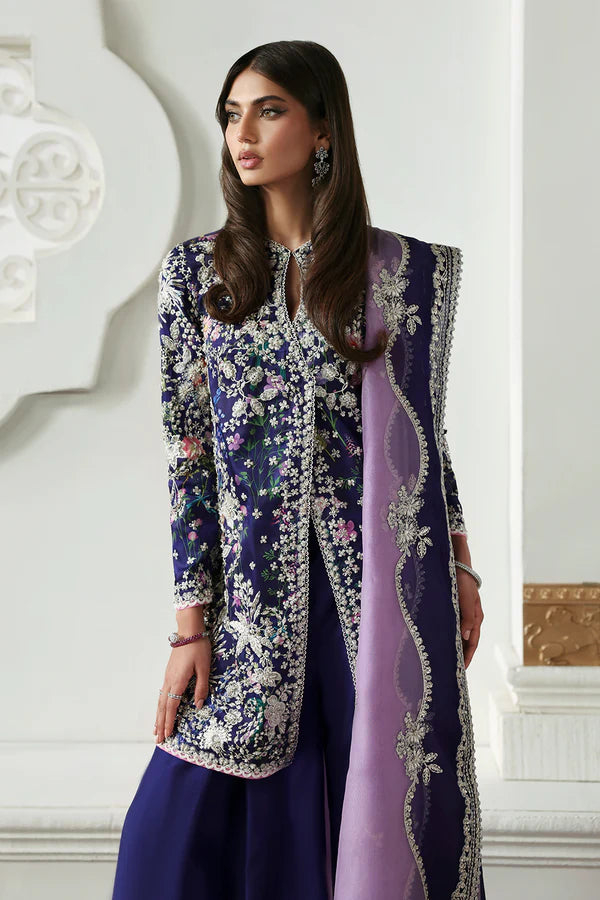 Althea Soraya Lumene Festive Purple Stitched Silk Outfit with embroidered panels and organza dupatta, available at Pakistanimoda.