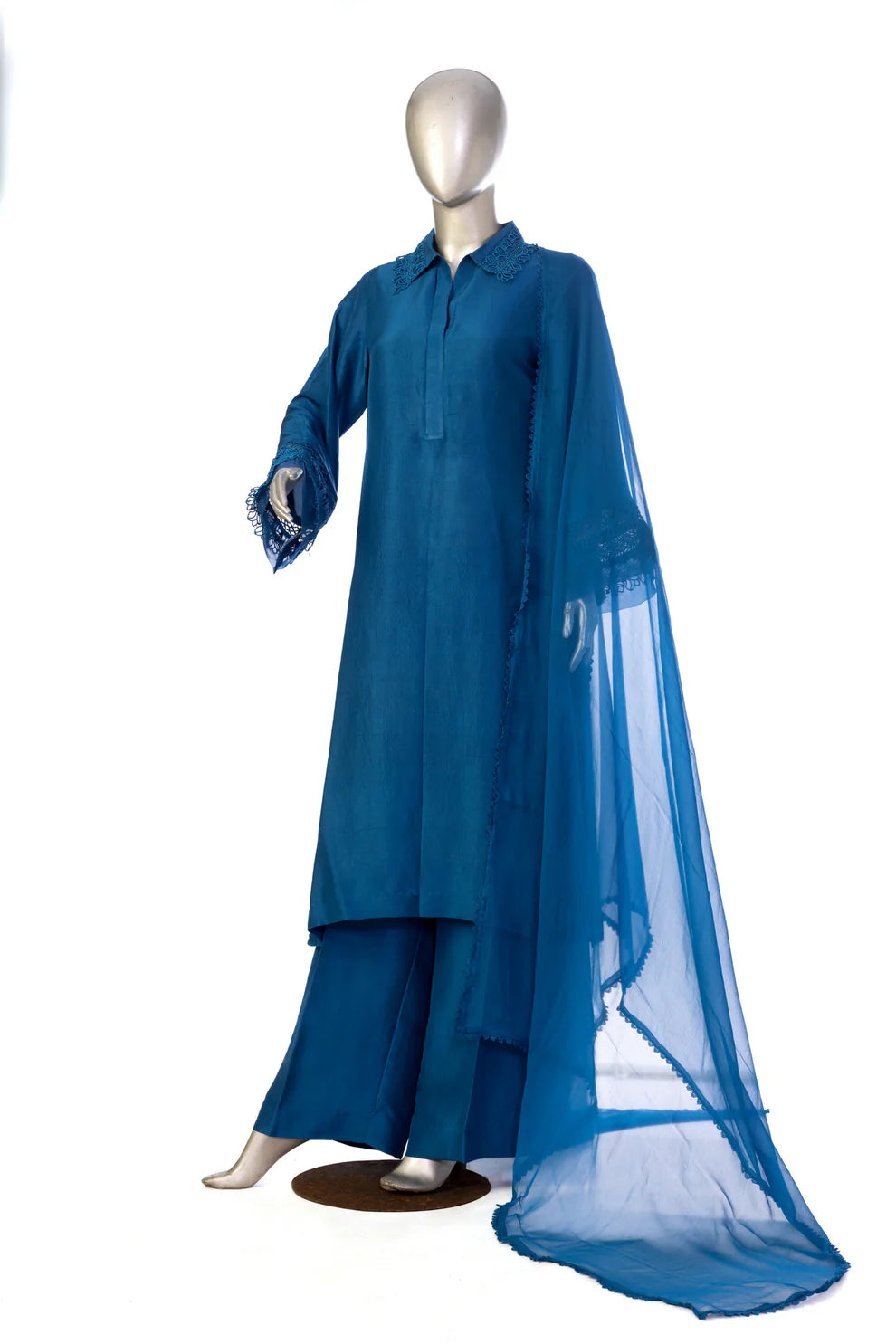 Alya-Teal Blue Pure Raw Silk Suit with Organza dupatta