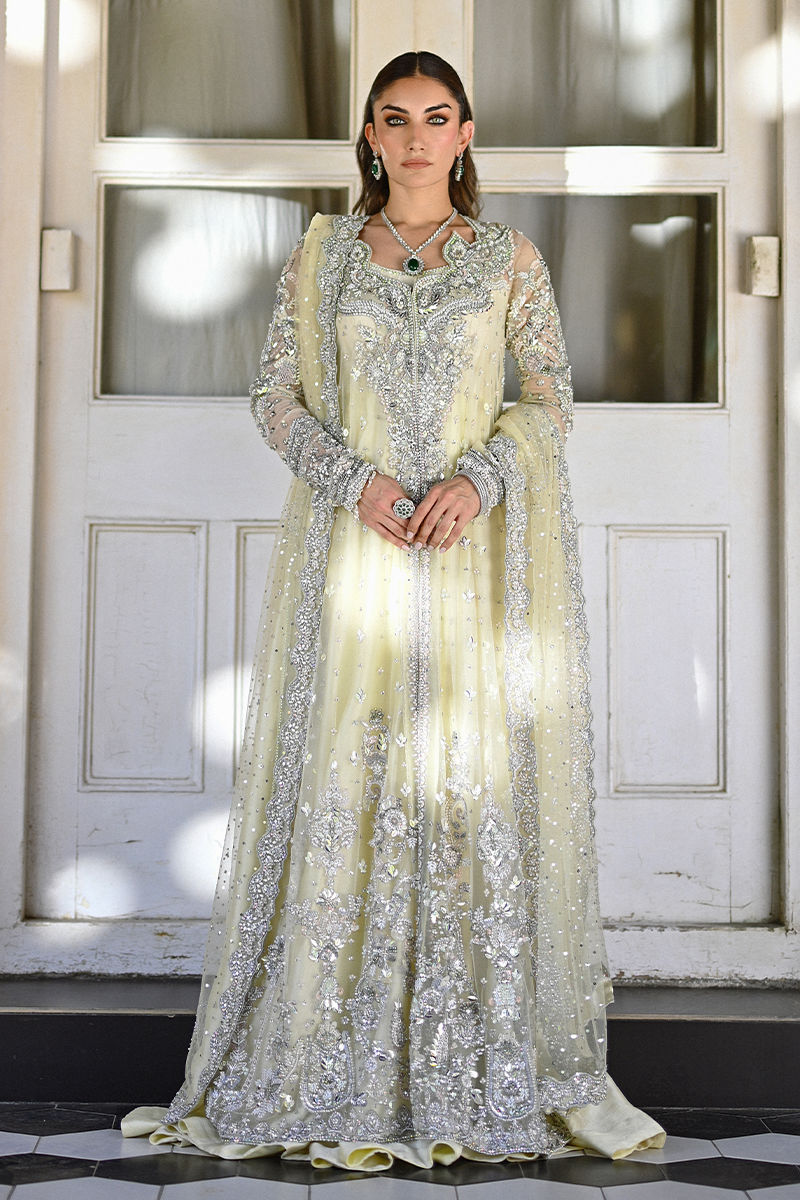 Light yellow Pakistani bridal ensemble with net jacket, sheesha silk kalidaar, 3D organza embellishments, and Swarovski-studded net dupatta – ideal for North American brides.