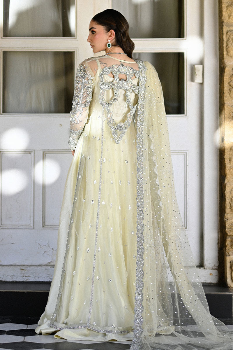 Light yellow Pakistani bridal ensemble with net jacket, sheesha silk kalidaar, 3D organza embellishments, and Swarovski-studded net dupatta – ideal for North American brides.