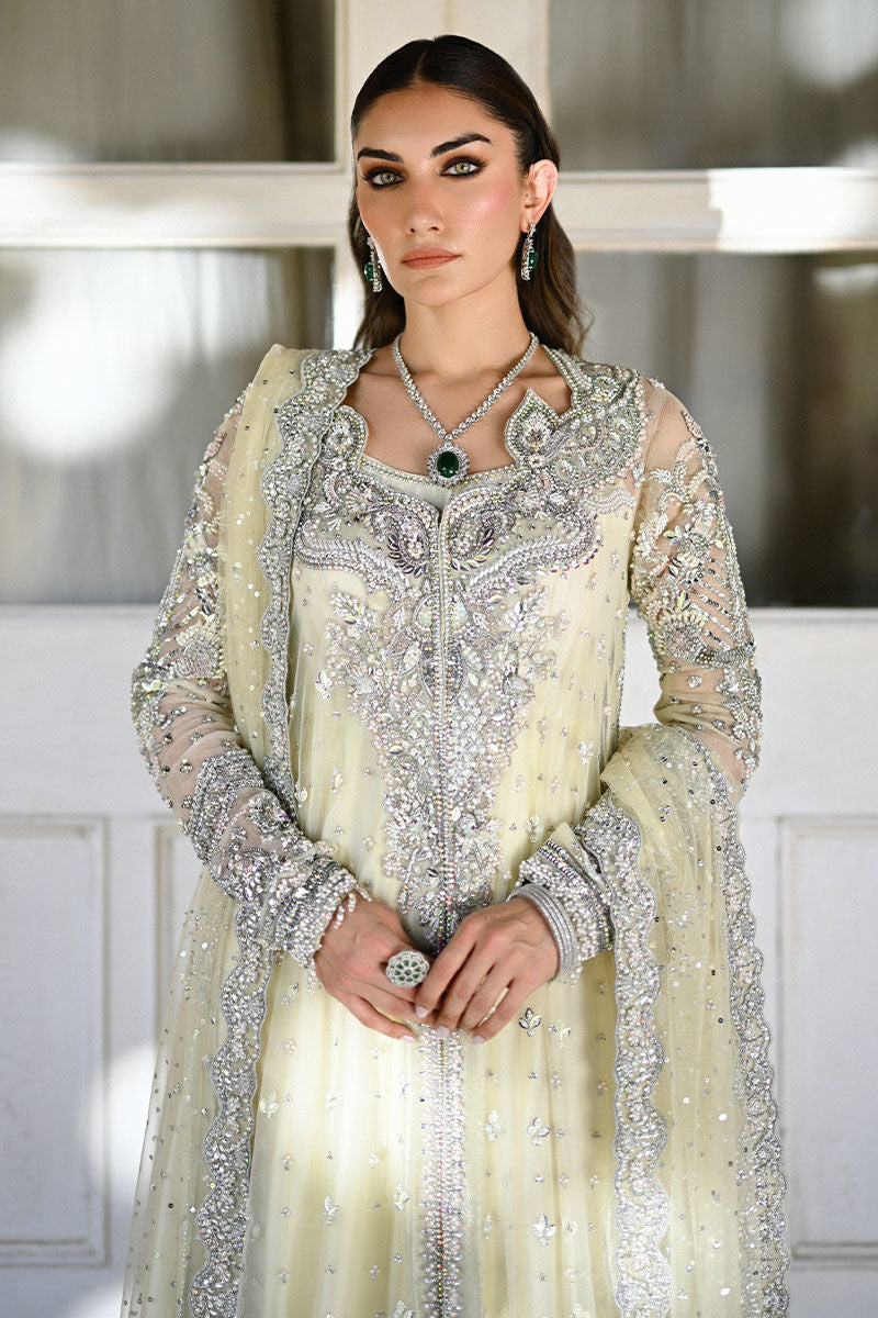 Light yellow Pakistani bridal ensemble with net jacket, sheesha silk kalidaar, 3D organza embellishments, and Swarovski-studded net dupatta – ideal for North American brides.