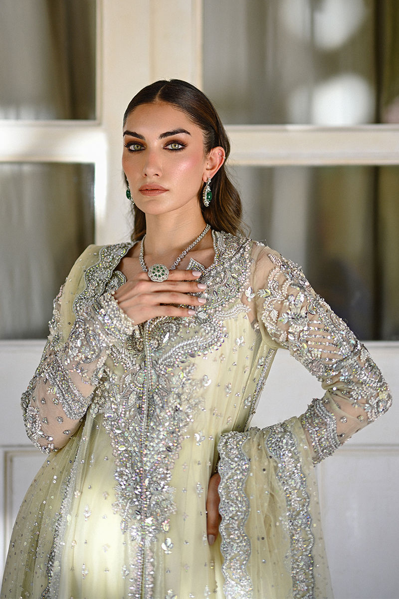 Light yellow Pakistani bridal ensemble with net jacket, sheesha silk kalidaar, 3D organza embellishments, and Swarovski-studded net dupatta – ideal for North American brides.