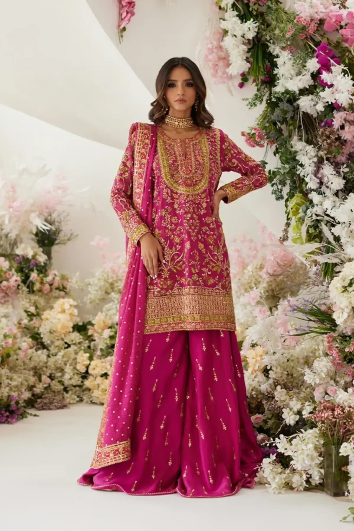 Amal Fuchsia Pink Zardozi Cotton Net Engagement Shirt with Gold Hand Embellishments, Raw Silk Dhaka Pants and Net Silk Dupatta