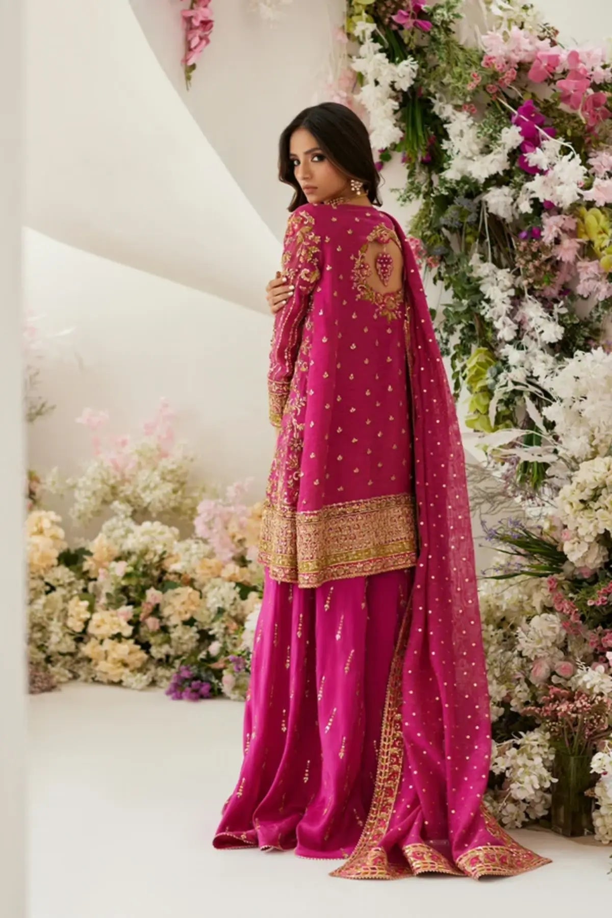 Amal Fuchsia Pink Zardozi Cotton Net Engagement Shirt with Gold Hand Embellishments, Raw Silk Dhaka Pants and Net Silk Dupatta