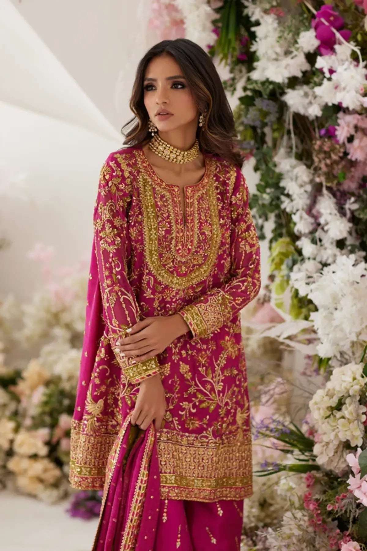 Amal Fuchsia Pink Zardozi Cotton Net Engagement Shirt with Gold Hand Embellishments, Raw Silk Dhaka Pants and Net Silk Dupatta