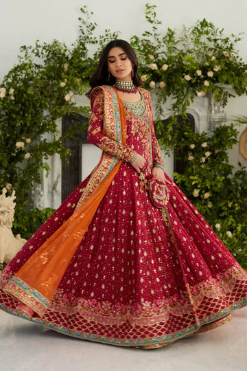 Amal Magenta Pink Hand Embellished Cotton Net Wedding Pishwas with Gold Floral Detailing, Contrast Orange Dupatta and Matching Pouch