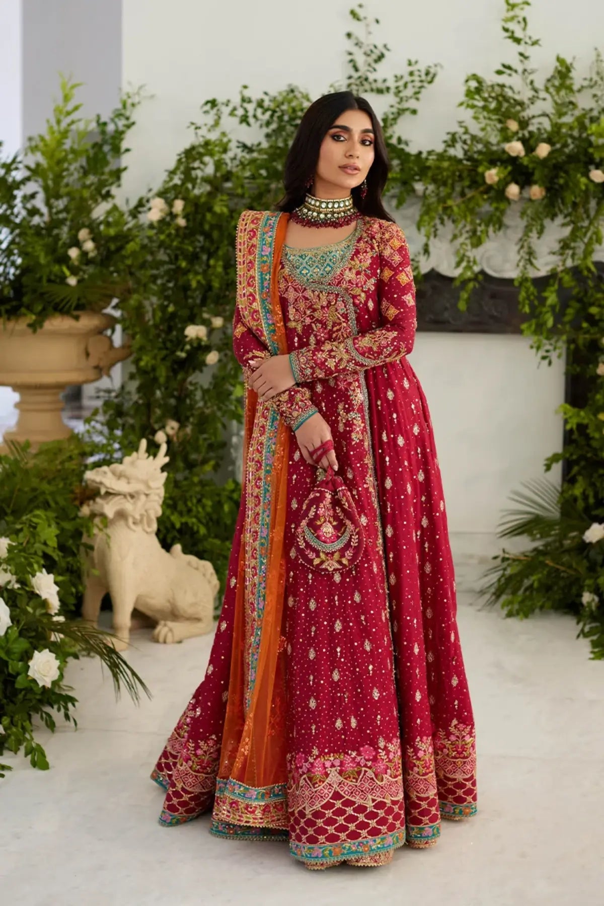 Amal Magenta Pink Hand Embellished Cotton Net Wedding Pishwas with Gold Floral Detailing, Contrast Orange Dupatta and Matching Pouch