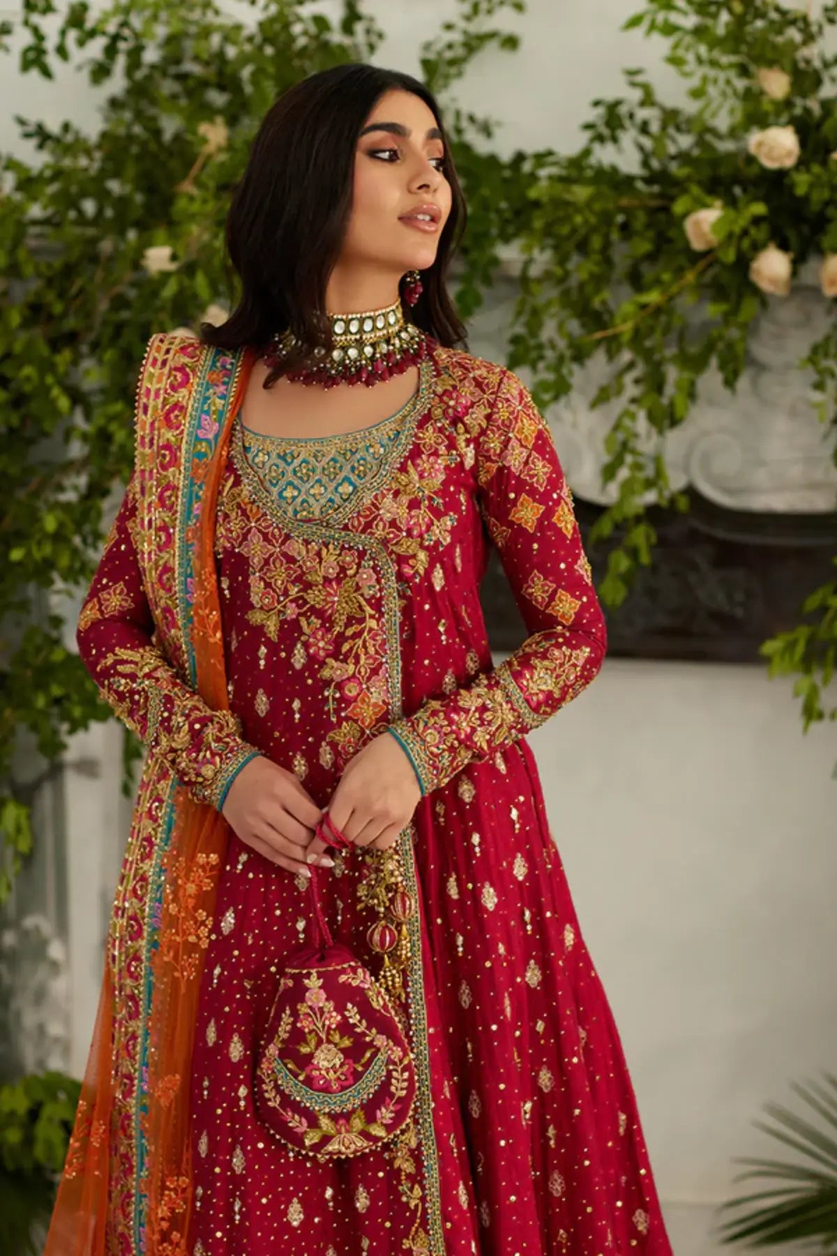 Amal Magenta Pink Hand Embellished Cotton Net Wedding Pishwas with Gold Floral Detailing, Contrast Orange Dupatta and Matching Pouch