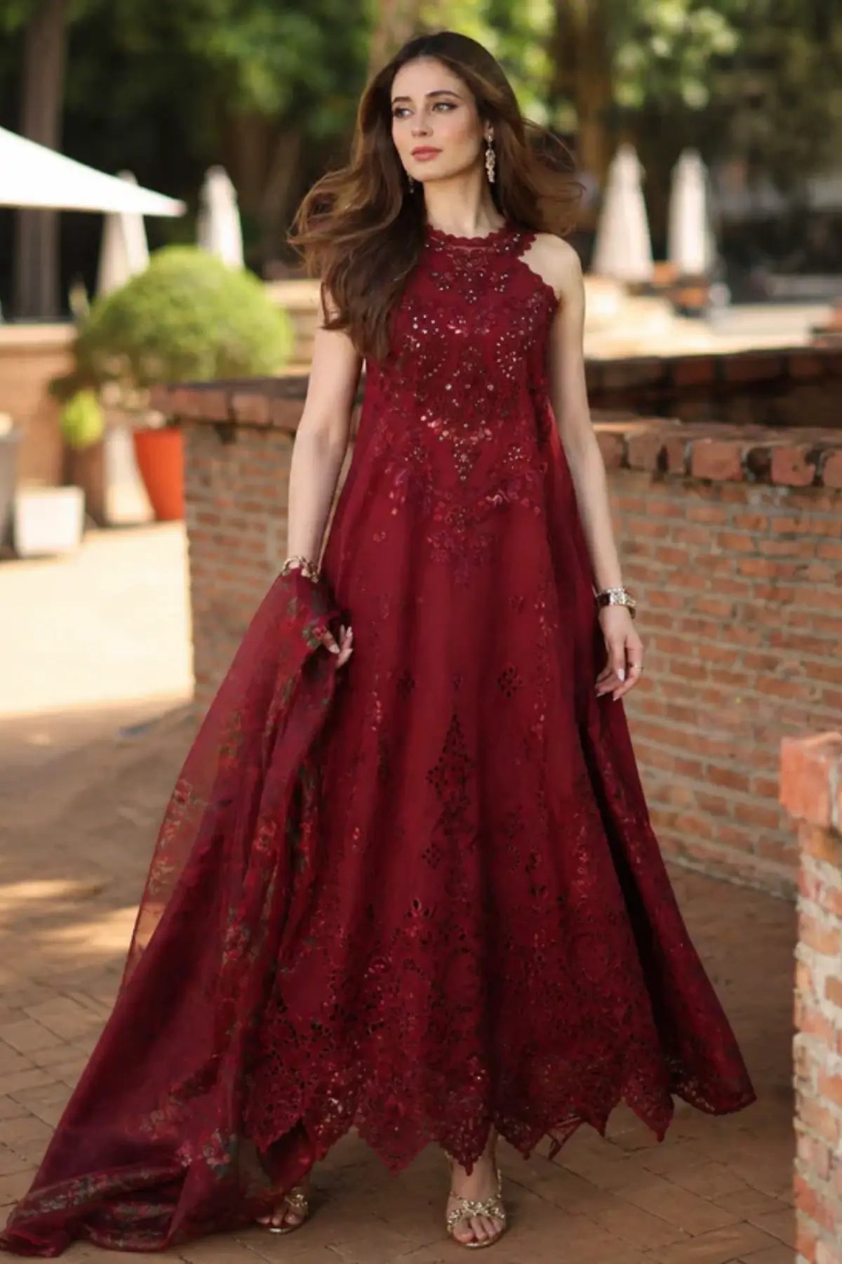 Amalfi Rouge D12 by Saadia Asad oxblood maroon stitched lawn 3PC suit with Schiffli embroidery and chiffon dupatta